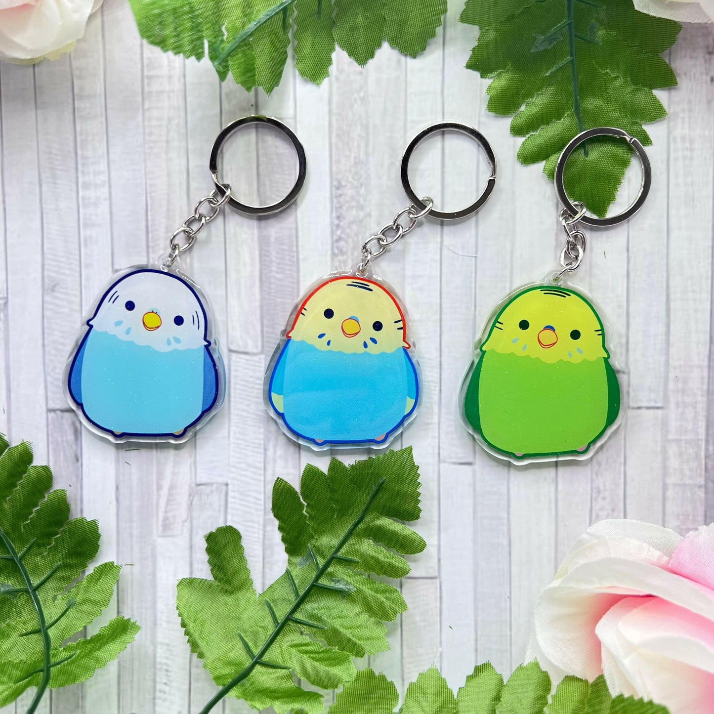 Budgerigar Budgie Parakeet acrylic charm | Cartoon Cute Kawaii Chibi Style Birb Art